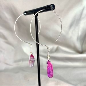 βοΈ Pink Quartz Crystal Silver Hoop Earrings